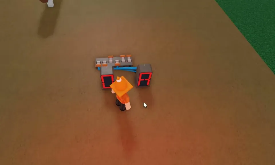 Two grey displays with red-lit 0 and A shapes, a lever row behind them and an orange-hatted avatar in front