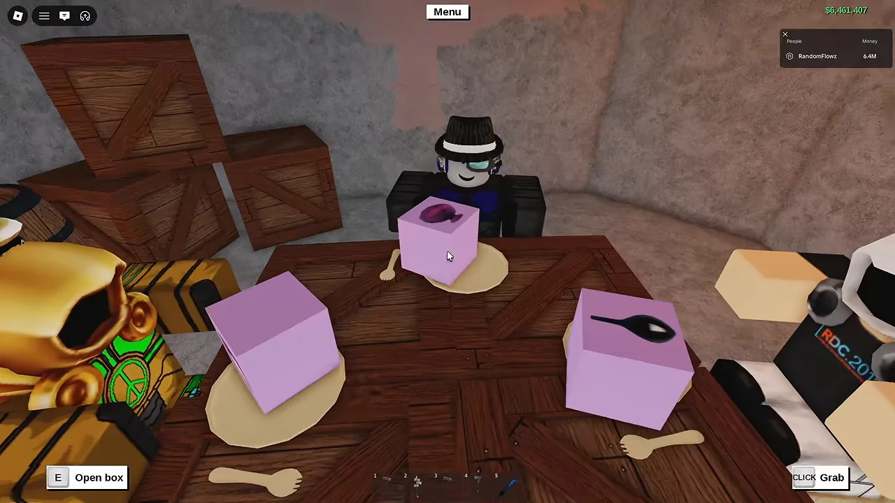Three pink boxes on plates on a wooden table, with an NPC in a fedora behind them