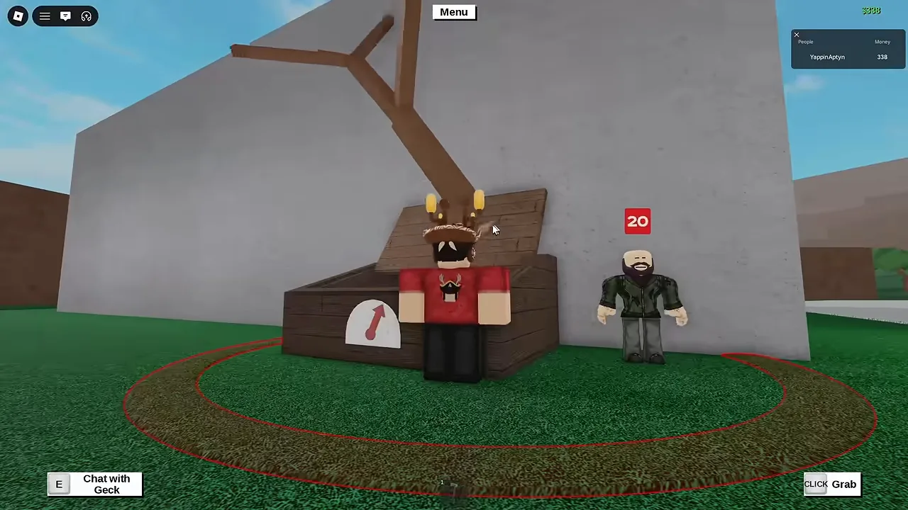 A player in a red shirt beside a wooden bin with a gauge on its front, next to a bearded NPC