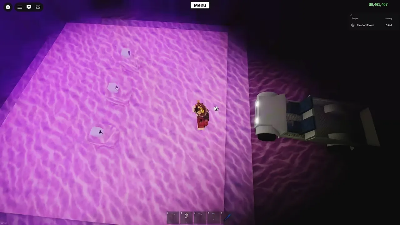 A glowing purple floor seen from above, with a player standing on it and a truck at the edge