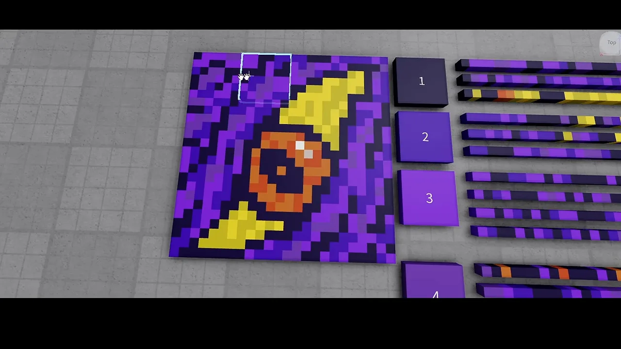 A pixel-art image of an orange eye on a purple and yellow background, built from rows of coloured tiles