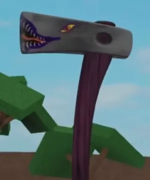 A grey axe head with a painted mouth and a yellow eye, on a dark purple handle with a lavender grip