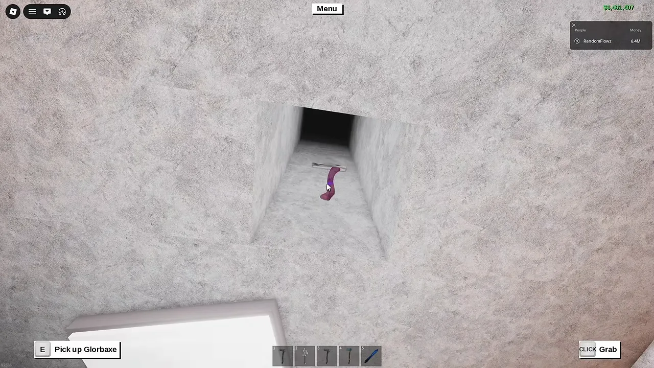 A stone shaft with a purple axe handle at the bottom and a prompt reading Pick up Glorbaxe