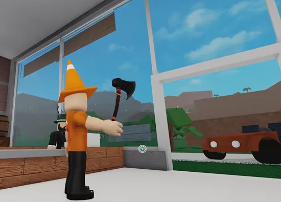 A player holding a small black-headed axe with a dark red handle inside a shop