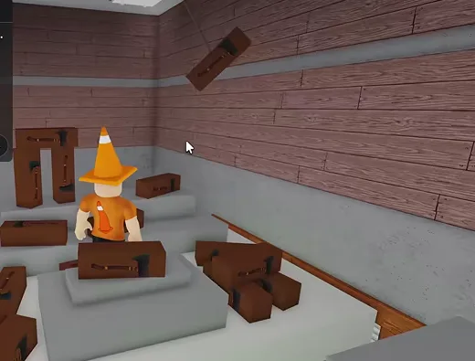 Brown axe boxes piled around a player on tables inside a shop
