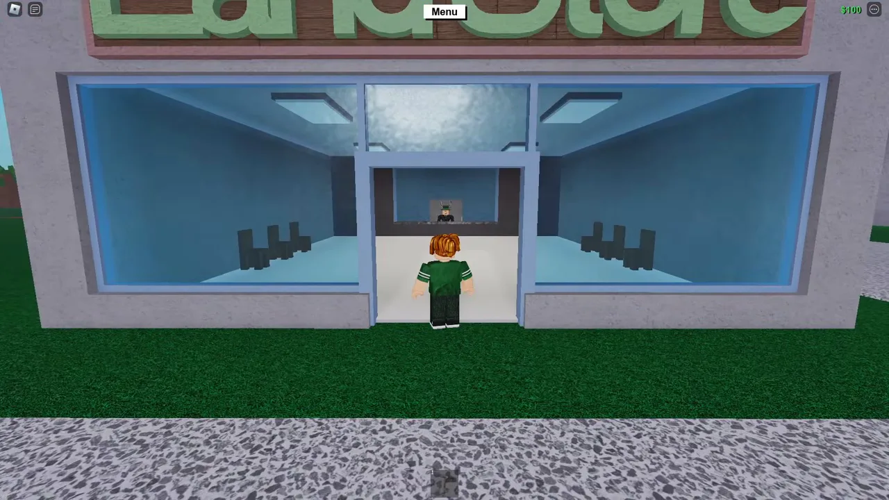 A player standing at the glass doors of a grey shop with a green sign above