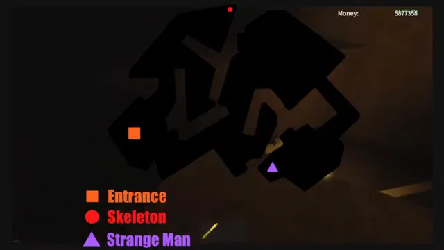 A black map of winding cave passages marked with an orange square, a red dot and a purple triangle