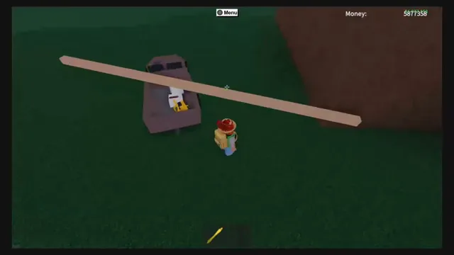 A player carrying a long wooden plank toward a truck on grass below a cliff