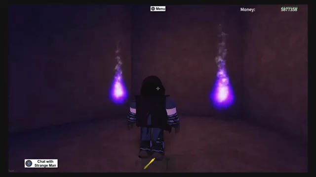 A hooded, headless figure in a dark cloak standing between two purple flames