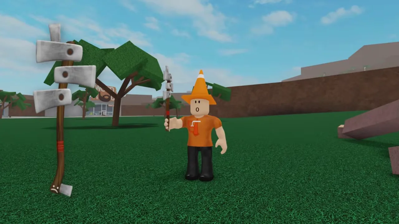 A player holding an axe with several stacked grey heads on a wooden handle, standing on grass