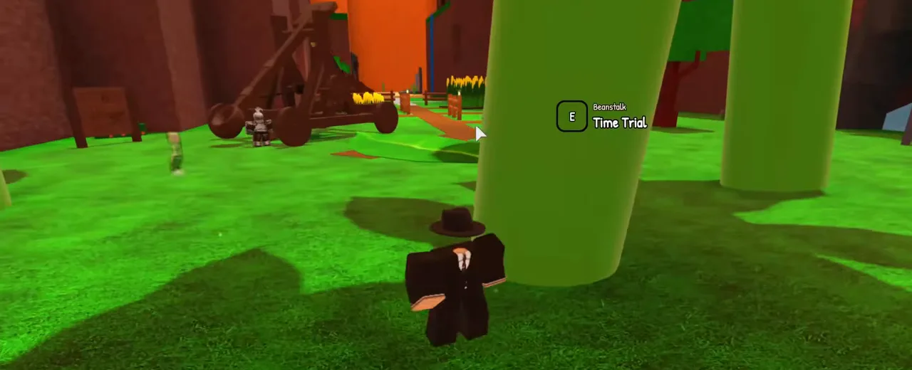 A player beside the giant green beanstalk stems with a Time Trial prompt, and the catapult behind