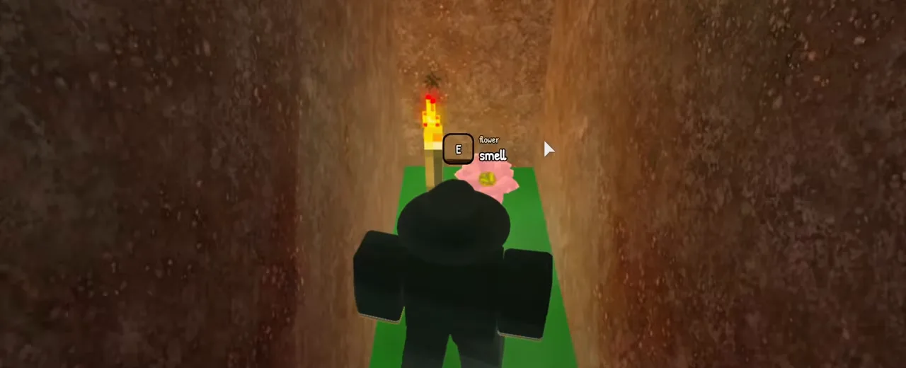 A player in a narrow earth-walled cave facing a small pink flower with a smell prompt