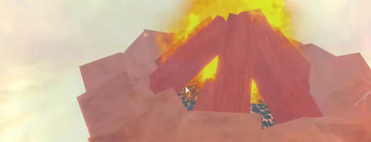 A fire burning inside a ring of snowy rocks