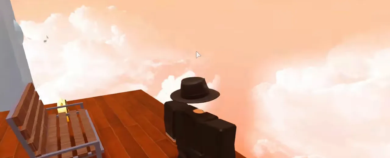 A player on a wooden deck beside a bench, with pink sunset clouds beyond