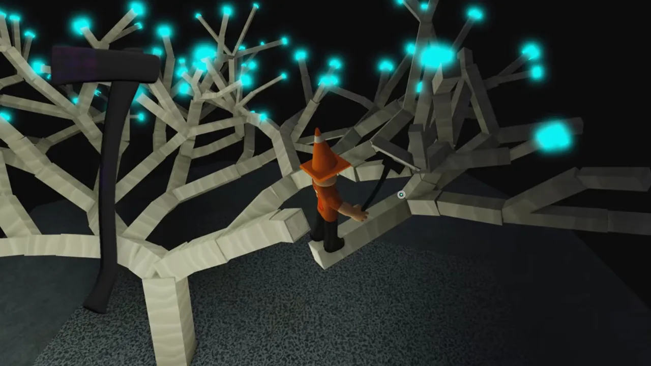 A pale, heavily branching tree with glowing cyan leaves in a dark cave, a black axe in front of it