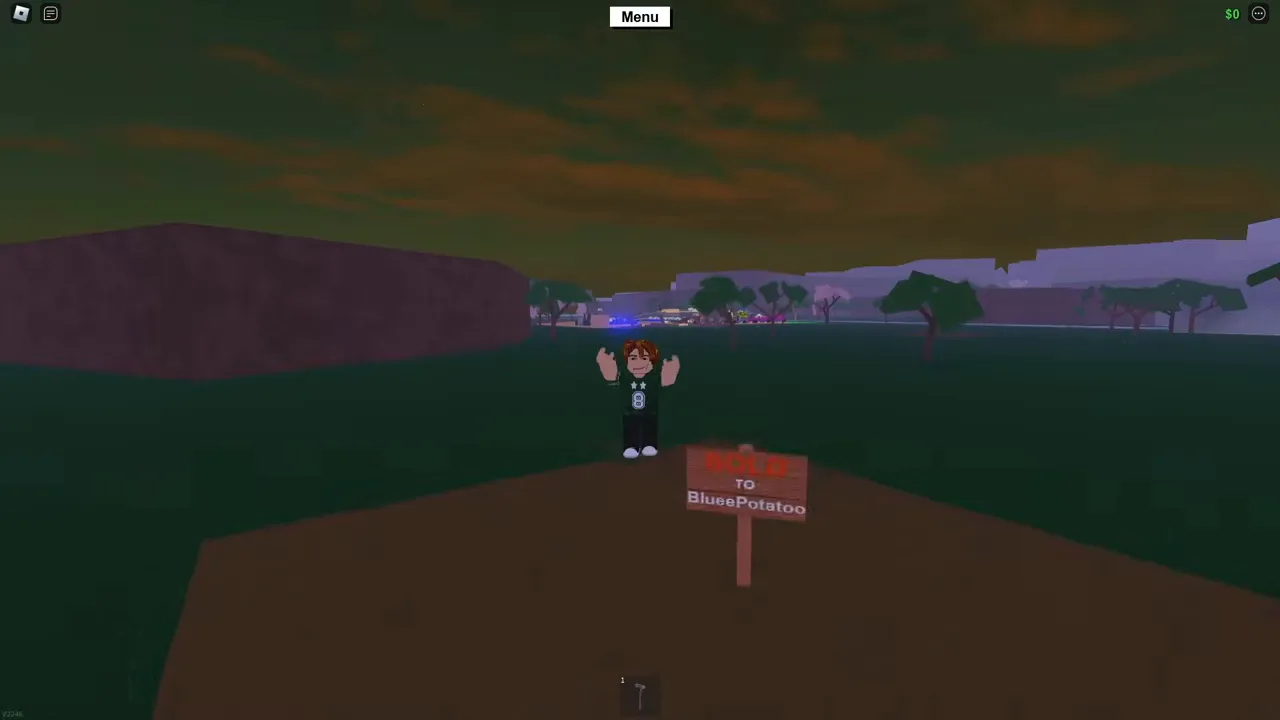 A player waving beside a small red sign on an empty brown plot at dusk
