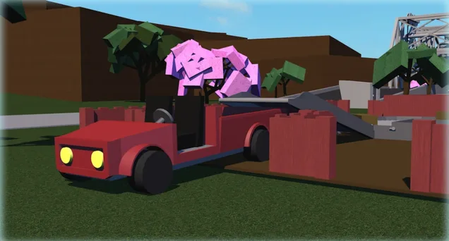 A red open-top car parked on grass by a pink-leaved tree and a red wooden fence