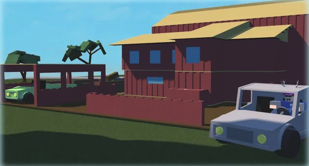 A red wooden house with a yellow roof beside a fenced yard, with a player driving a white truck past it