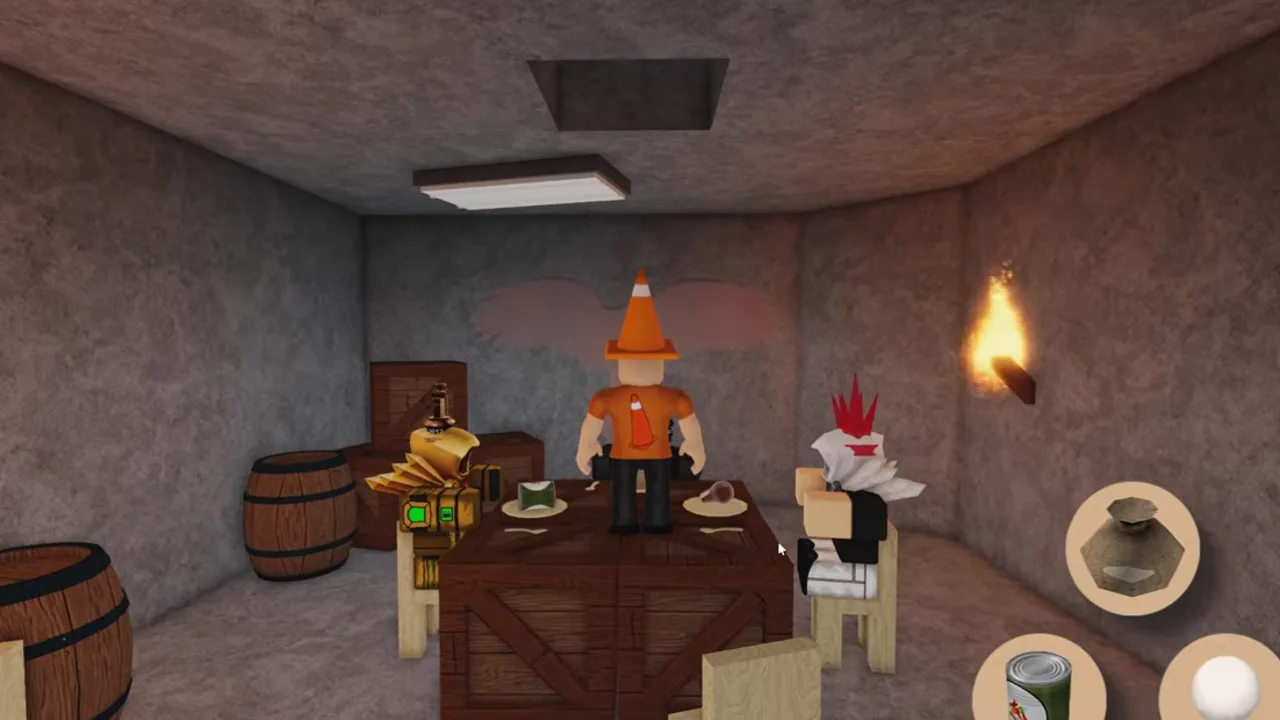 A player standing behind a wooden table in a torch-lit cave room, with three items shown in the corner