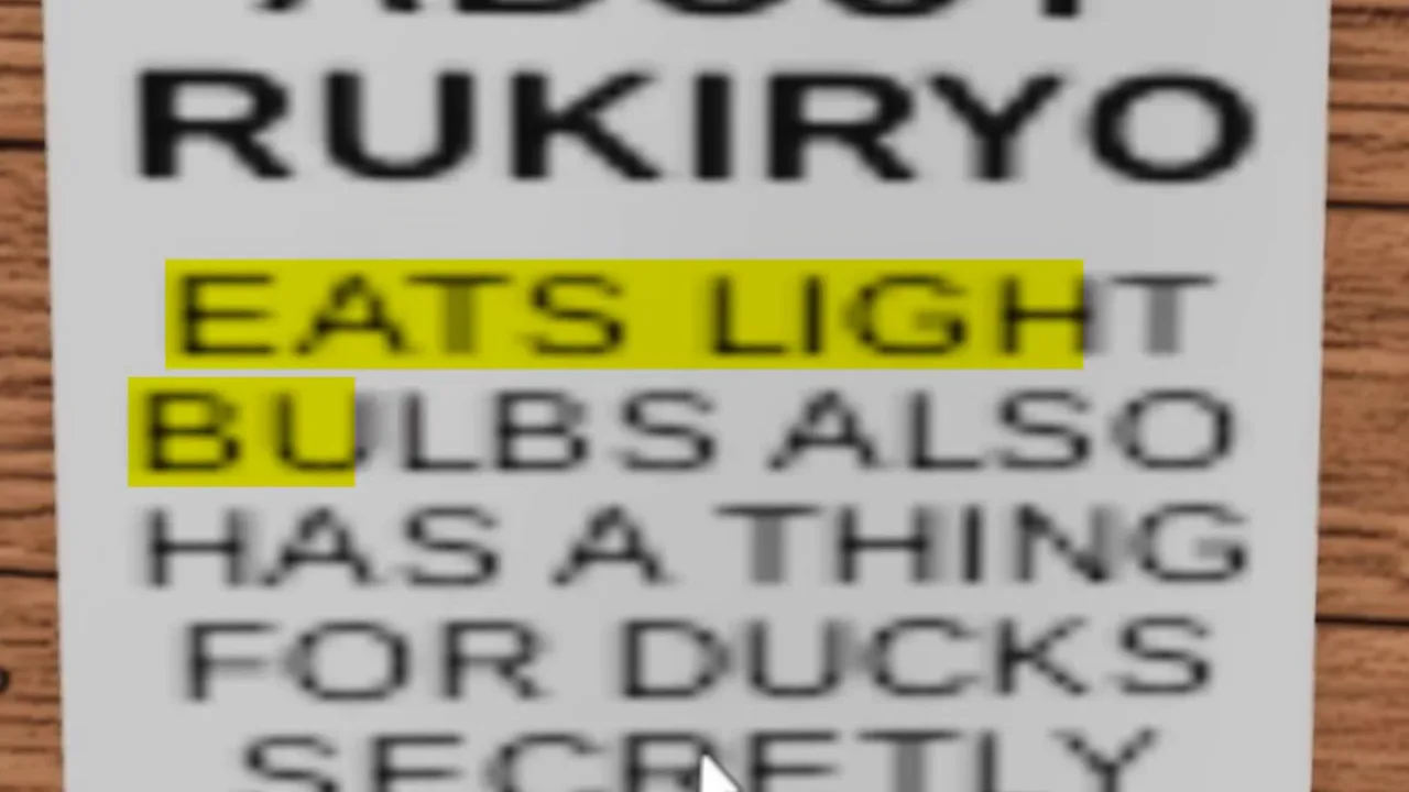 A paper poster on a wooden wall reading Rumors about Rukiryo, eats light bulbs
