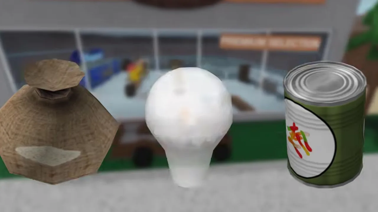 A sack, a white lightbulb and a tin can side by side on a shop floor