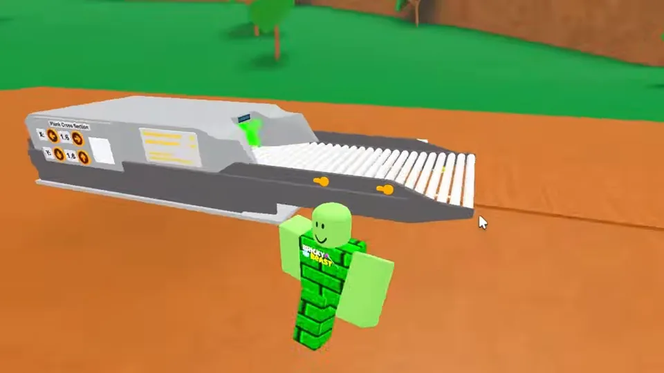 A player standing on an orange plot beside a row of grey roller conveyors running up a slope