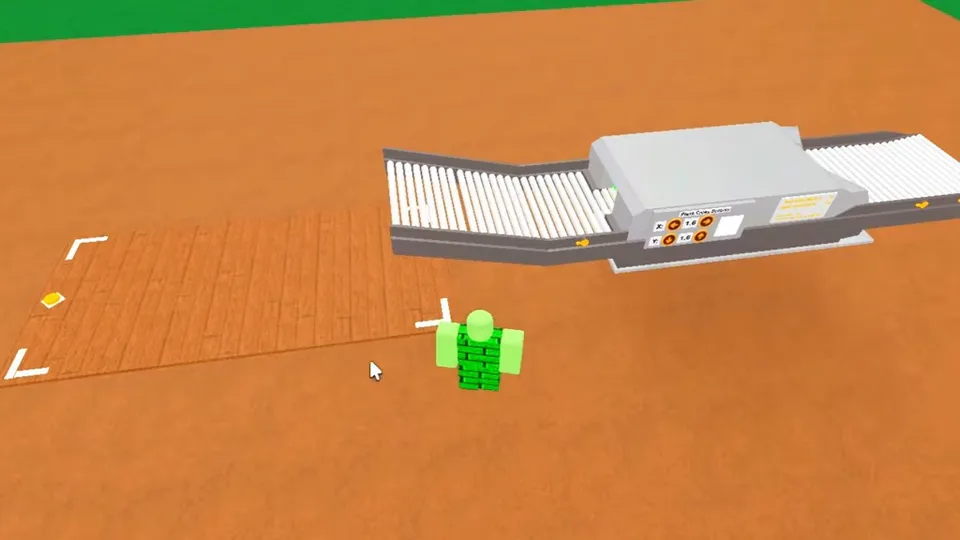 A grey sawmill on an orange plot with a conveyor of rollers leading out of it and a player beside it