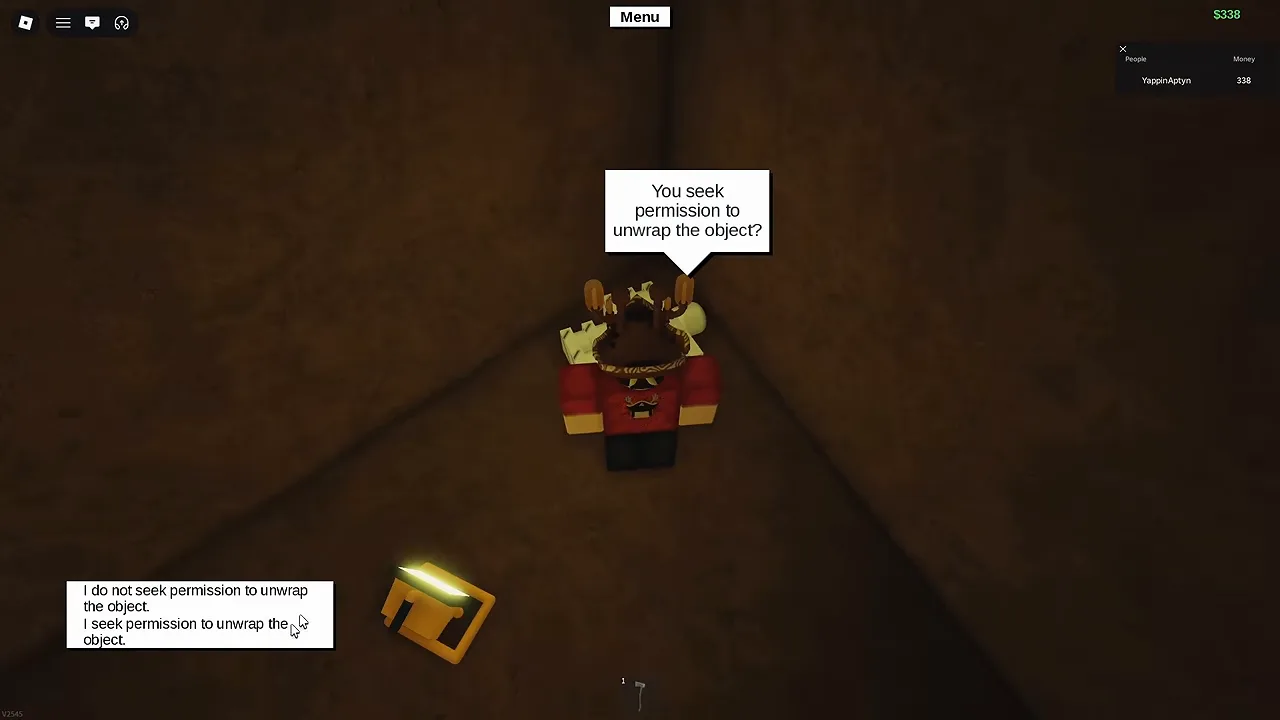 A dark cave with a speech bubble over a player and two dialogue options at the bottom left